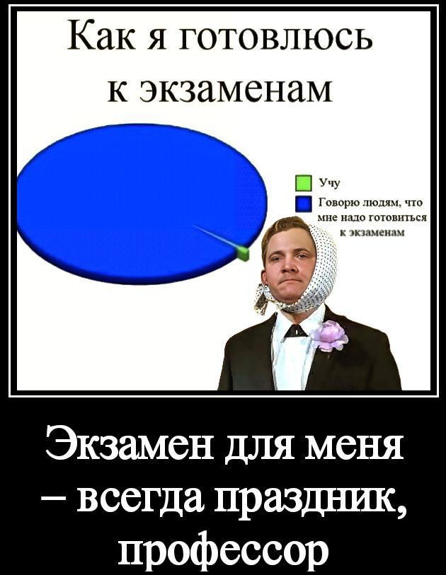 Как я готовлюсь к экзаменам. Учу. Говорю людям, что мне надо готовиться к экзаменам. Экзамен для меня – всегда праздник, профессор.