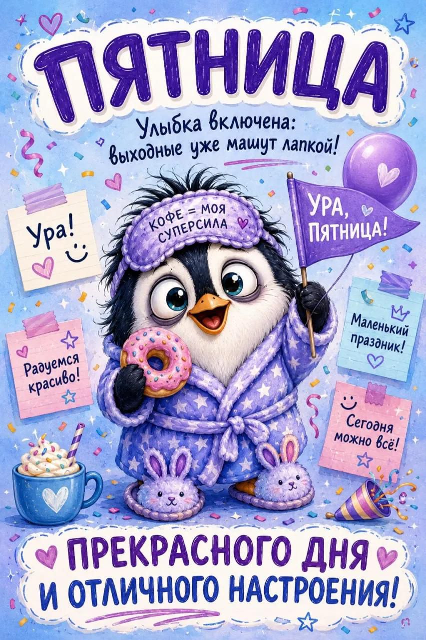 ПЯТНИЦА Улыбка включена: выходные уже машут лапкой! КОФЕ = МОЯ СУПЕРСИЛА Ура, ПЯТНИЦА! Ура! Радуемся красиво! Маленький праздник! Сегодня можно всё! ПРЕКРАСНОГО ДНЯ И ОТЛИЧНОГО НАСТРОЕНИЯ!