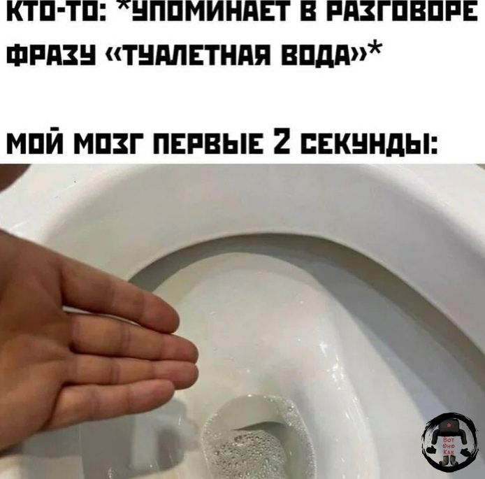 КТО-ТО: *УПОМИНАЕТ В РАЗГОВОРЕ ФРАЗУ «ТУАЛЕТНАЯ ВОДА»* МОЙ МОЗГ ПЕРВЫЕ 2 СЕКУНДЫ: (изображение руки, опускающейся в унитаз с водой)