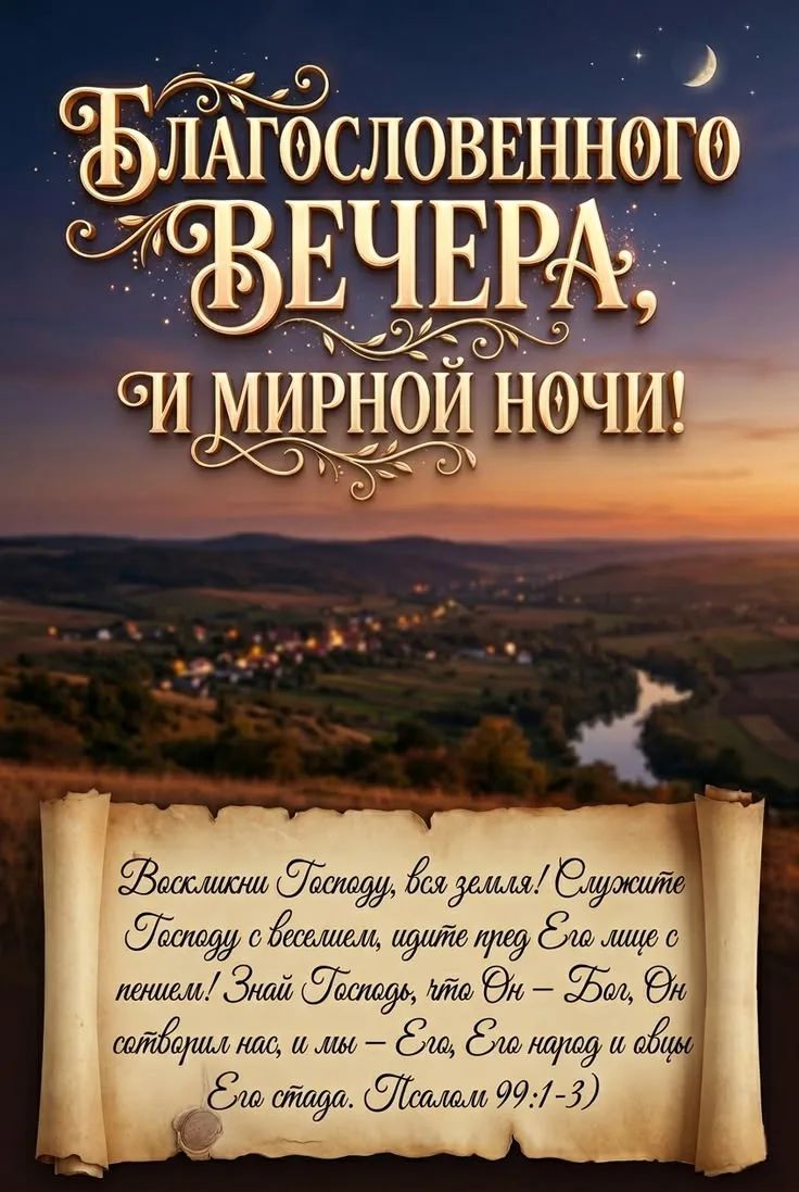 БЛАГОСЛОВЕННОГО ВЕЧЕРА, И МИРНОЙ НОЧИ! Воскликни Господу, вся земля! Служите Господу с веселием, идите пред Его лице с пением! Знай Господа, что Он – Бог, Он сотворил нас, и мы – Его, Его народ и овцы Его стада. (Псалом 99:1-3)