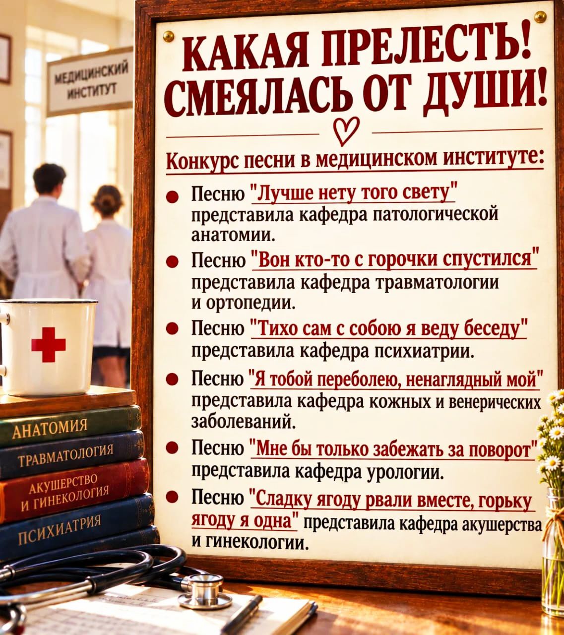 КАКАЯ ПРЕЛЕСТЬ! СМЕЯЛАСЬ ОТ ДУШИ! Конкурс песни в медицинском институте: Песню Лучше нету того свету представила кафедра патологической анатомии. Песню Вон кто-то с горочки спустился представила кафедра травматологии и ортопедии. Песню Тихо сам с собою я веду беседу представила кафедра психиатрии. Песню Я тобой переболею, ненаглядный мой