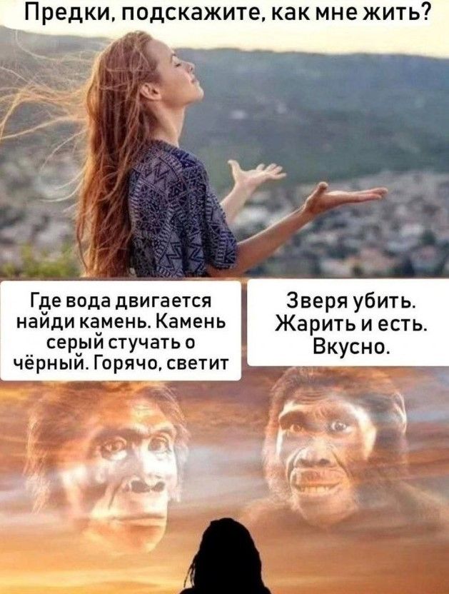 Предки, подскажите, как мне жить? Где вода двигается найди камень. Камень серый стучать о чёрный. Горячо, светит. Зверя убить. Жарить и есть. Вкусно.