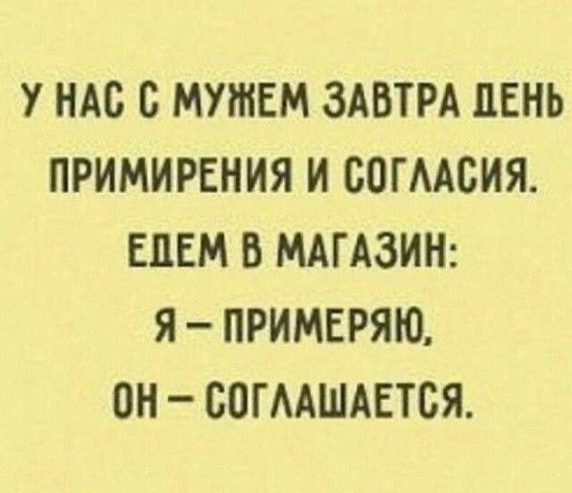 У нас с мужем завтра день примирения и согласия. Едем в магазин: я – примеряю, он – соглашается.