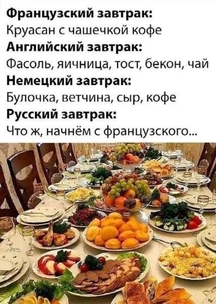 Французский завтрак: Круасан с чашечкой кофе Английский завтрак: Фасоль, яичница, тост, бекон, чай Немецкий завтрак: Булочка, ветчина, сыр, кофе Русский завтрак: Что ж, начнём с французского...