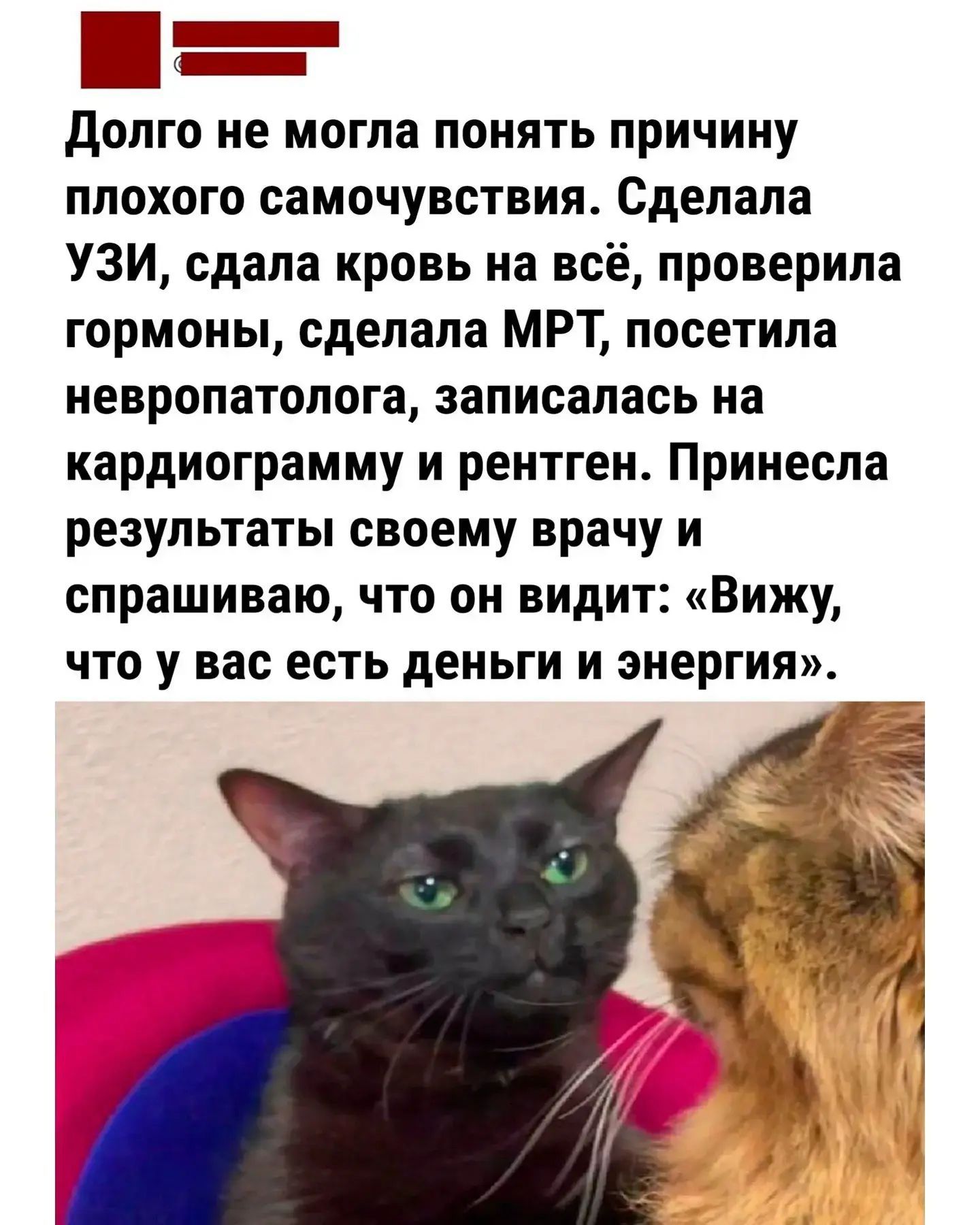 Долго не могла понять причину плохого самочувствия. Сделала УЗИ, сдала кровь на всё, проверила гормоны, сделала МРТ, посетила невропатолога, записалась на кардиограмму и рентген. Принесла результаты своему врачу и спрашиваю, что он видит: «Вижу, что у вас есть деньги и энергия».