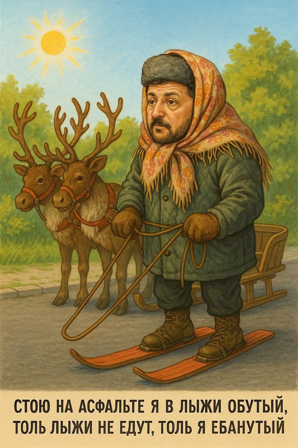 СТОЮ НА АСФАЛЬТЕ Я В ЛЫЖИ ОБУТЫЙ, ТОЛЬ ЛЫЖИ НЕ ЕДУТ, ТОЛЬ Я ЕБАНУТЫЙ