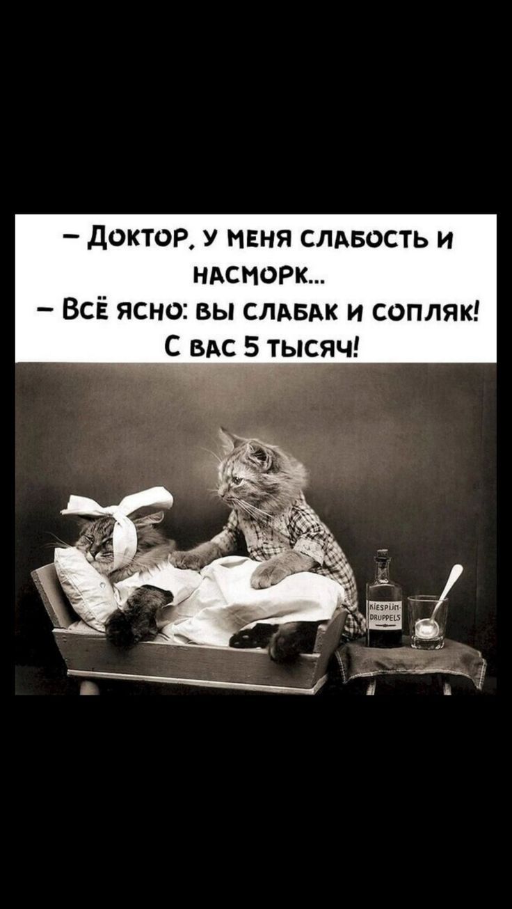 – Доктор, у меня слабость и насморк... – Всё ясно: вы слабак и сопляк! С вас 5 тысяч!