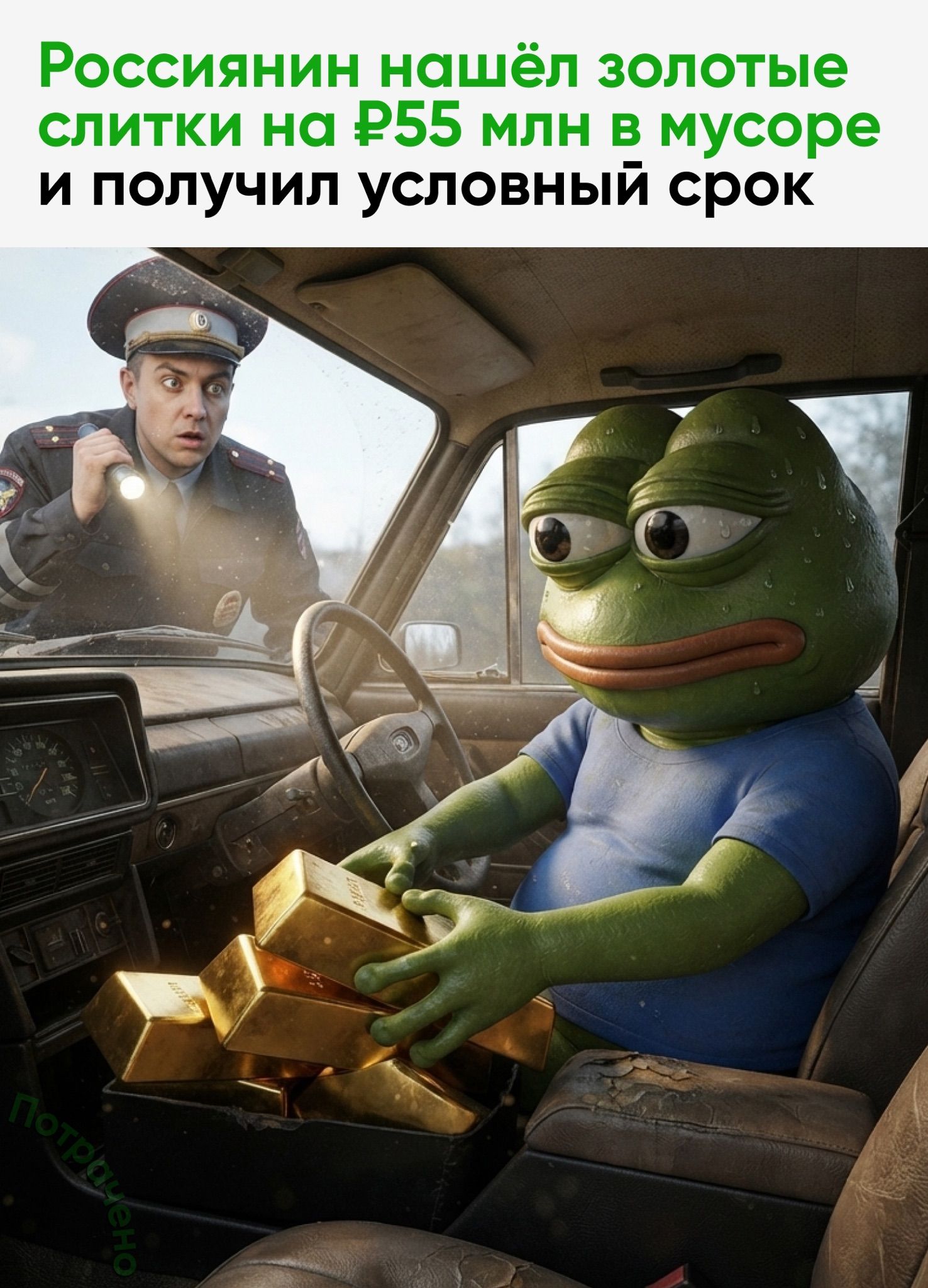 Россиянин нашёл золотые слитки на ₽55 млн в мусоре и получил условный срок. Потрачено.