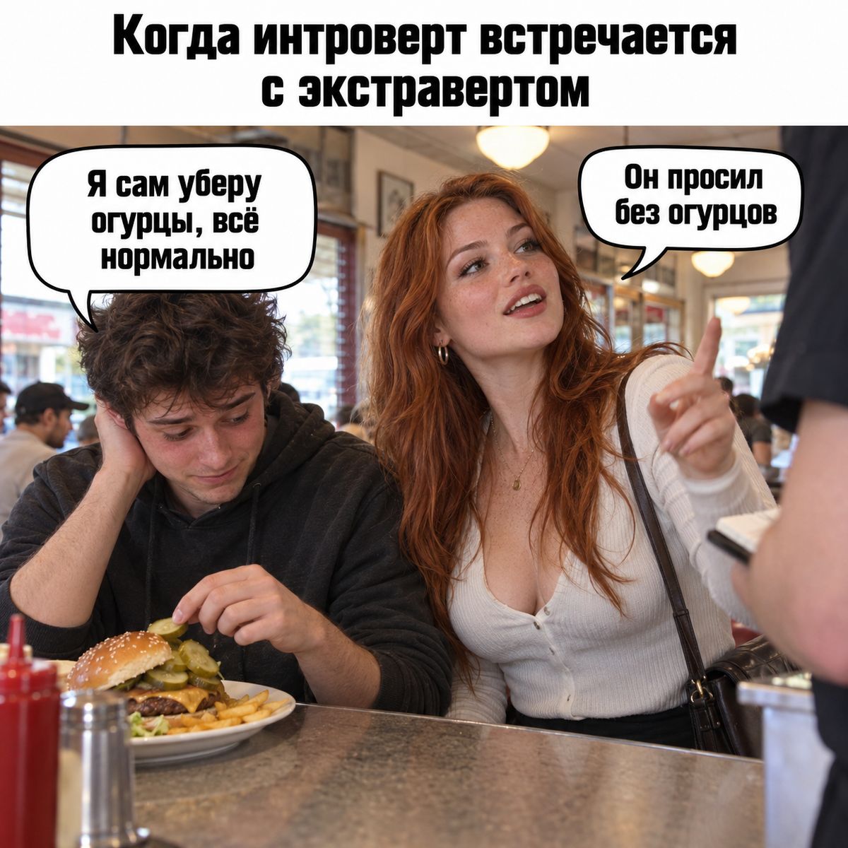 Когда интроверт встречается с экстравертом. Я сам уберу огурцы, всё нормально. Он просил без огурцов