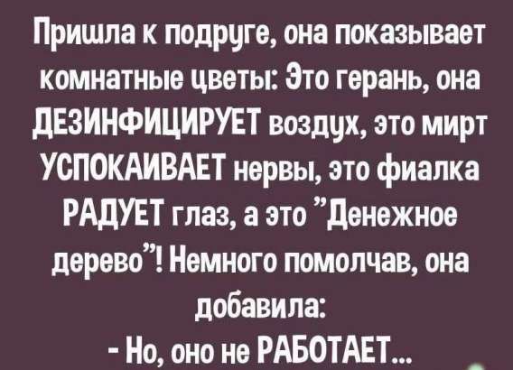 Пришла к подруге, она показывает комнатные цветы: Это герань, она ДЕЗИНФИЦИРУЕТ воздух, это мирт УСПОКАИВАЕТ нервы, это фиалка РАДУЕТ глаз, а это 