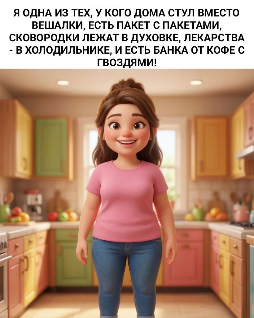 Я ОДНА ИЗ ТЕХ, У КОГО ДОМА СТУЛ ВМЕСТО ВЕШАЛКИ, ЕСТЬ ПАКЕТ С ПАКЕТАМИ, СКОВОРОДКИ ЛЕЖАТ В ДУХОВКЕ, ЛЕКАРСТВА - В ХОЛОДИЛЬНИКЕ, И ЕСТЬ БАНКА ОТ КОФЕ С ГВОЗДЯМИ!