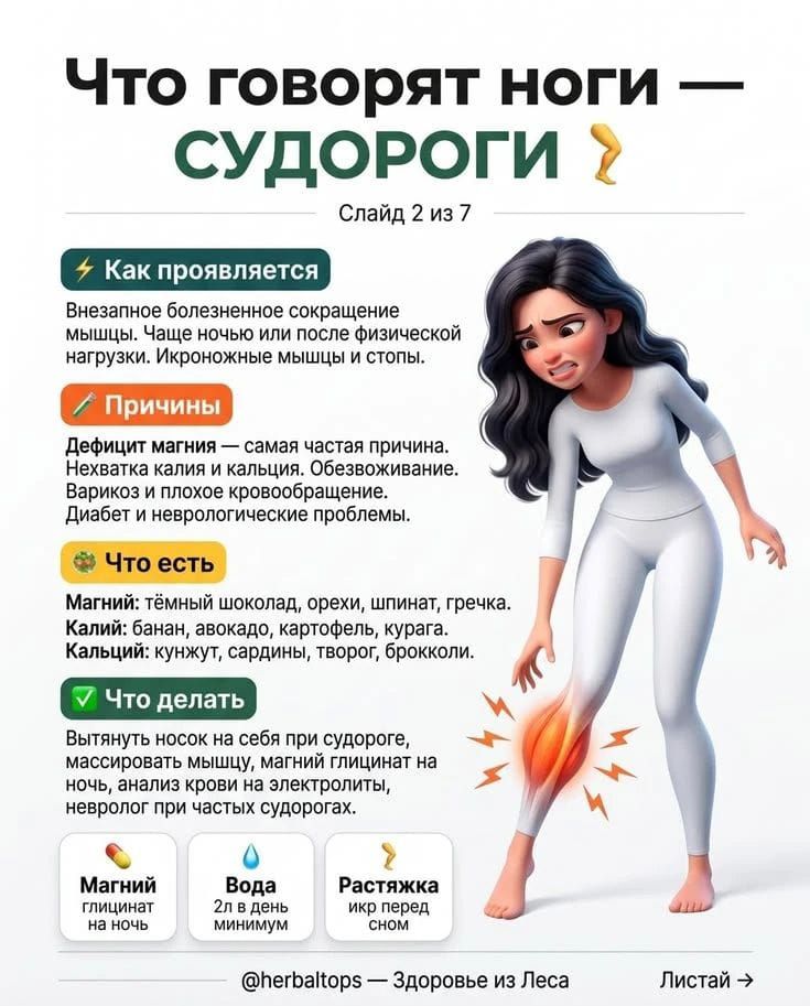 Что говорят ноги — СУДОРОГИ Слайд 2 из 7 Как проявляется Внезапное болезненное сокращение мышцы. Чаще ночью или после физической нагрузки. Икроножные мышцы и стопы. Причины Дефицит магния — самая частая причина. Нехватка калия и кальция. Обезвоживание. Варикоз и плохое кровообращение. Диабет и неврологические проблемы. Что есть Магний: тёмный