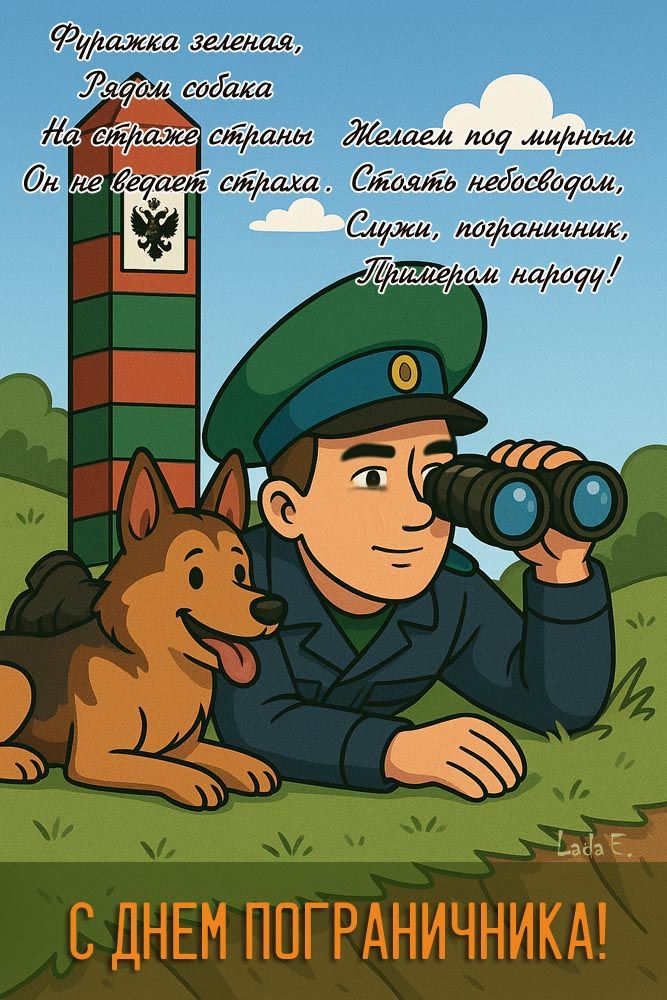 Фуражка зеленая, Рядом собака На страже страны Он не ведает страха. Желаем под мирным Стоять небосводом, Служи, пограничник, Примером народу! С ДНЕМ ПОГРАНИЧНИКА!