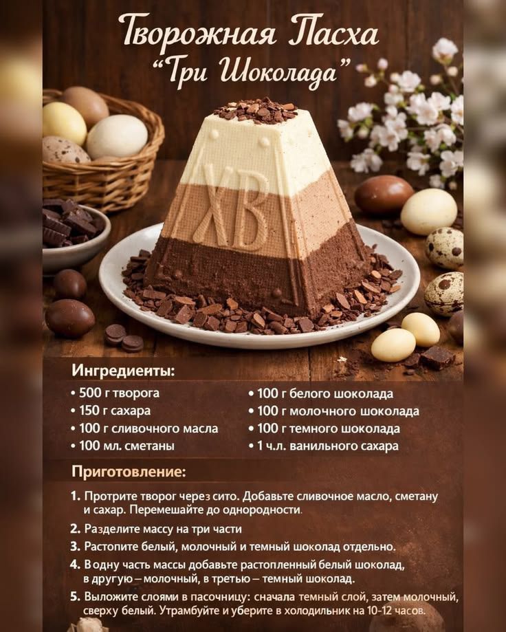 Творожная Пасха “Три Шоколада” Ингредиенты: 500 г творога, 150 г сахара, 100 г сливочного масла, 100 мл сметаны, 100 г белого шоколада, 100 г молочного шоколада, 100 г темного шоколада, 1 ч.л. ванильного сахара. Приготовление: 1. Протрите творог через сито. Добавьте сливочное масло, сметану и сахар. Перемешайте до однородности. 2. Разделите массу