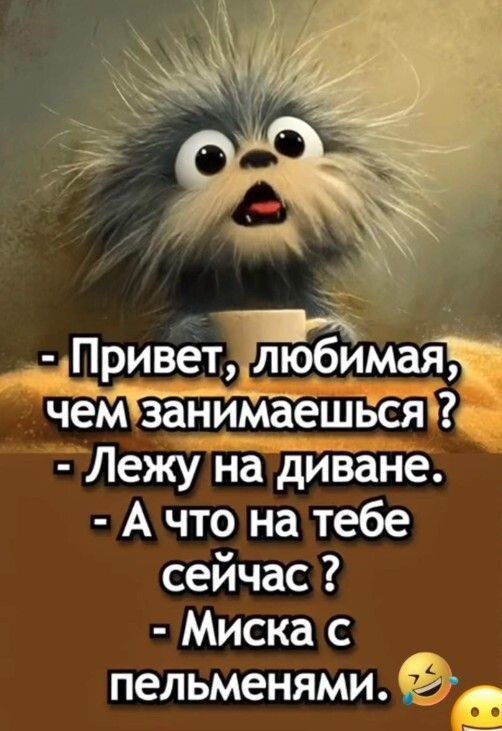 - Привет, любимая, чем занимаешься?
- Лежу на диване.
- А что на тебе сейчас?
- Миска с пельменями.