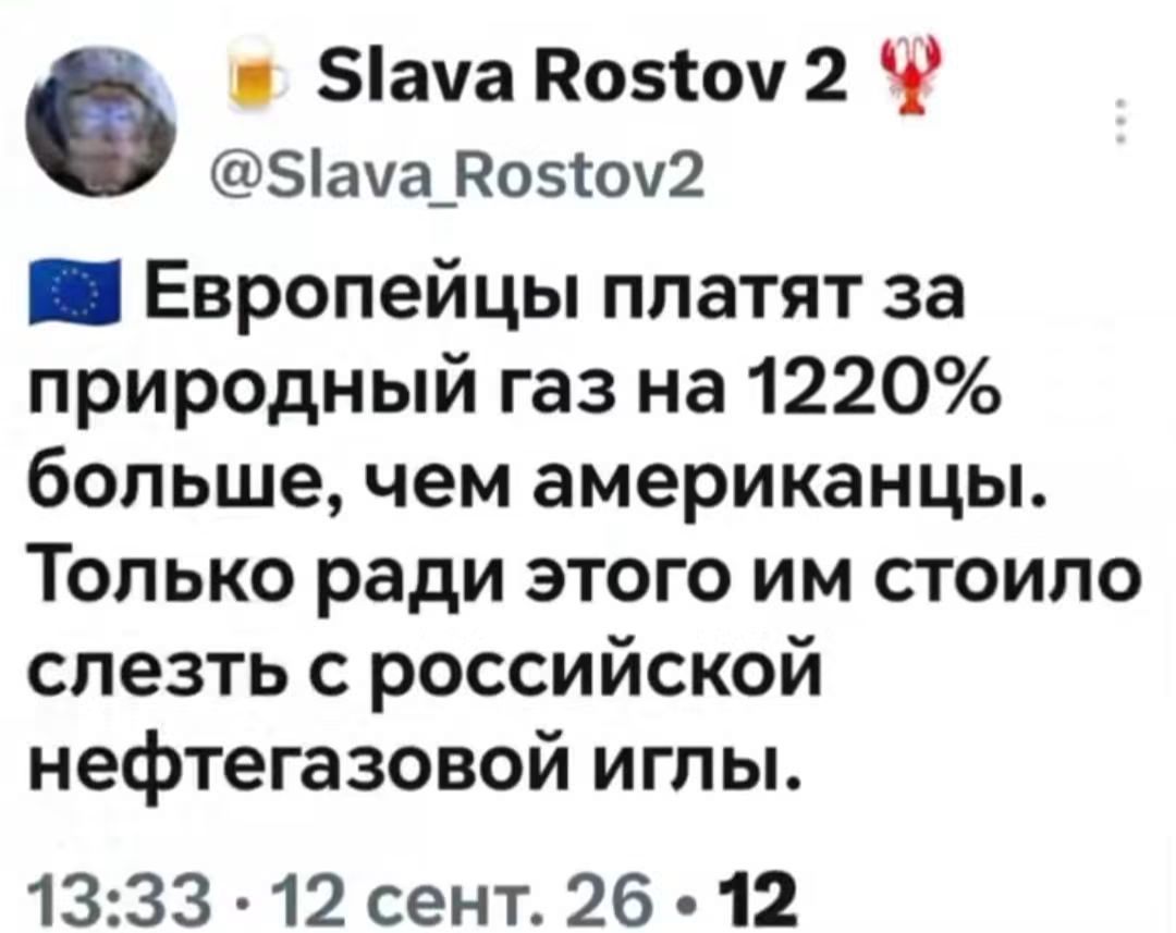 Slava Rostov 2 @Slava_Rostov2 Европейцы платят за природный газ на 1220% больше, чем американцы. Только ради этого им стоило слезть с российской нефтегазовой иглы. 13:33 • 12 сент. 26 • 12