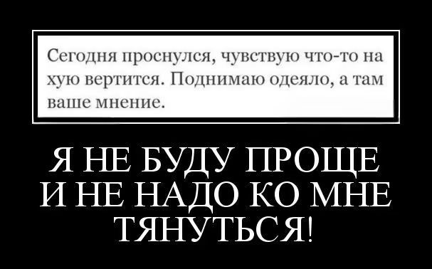 Сегодня проснулся, чувствую что-то на хую вертится. Поднимаю одеяло, а там ваше мнение. Я НЕ БУДУ ПРОЩЕ И НЕ НАДО КО МНЕ ТЯНУТЬСЯ!
