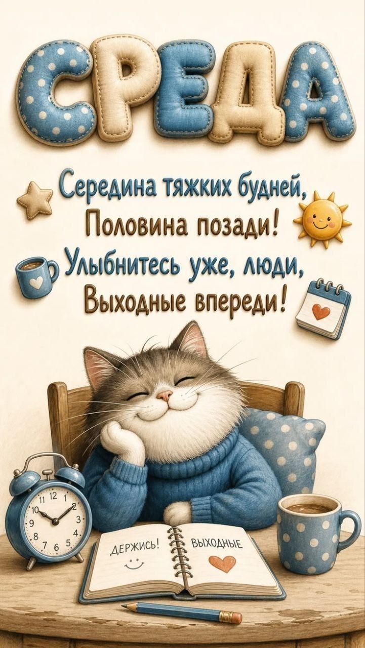 СРЕДА Середина тяжких будней, Половина позади! Улыбнитесь уже, люди, Выходные впереди! ДЕРЖИСЬ! ВЫХОДНЫЕ