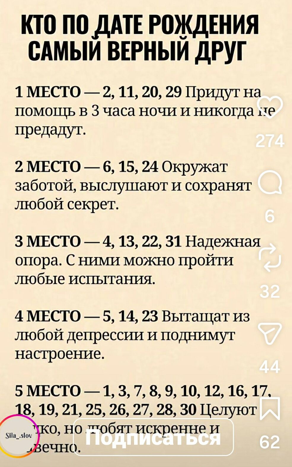 КТО ПО ДАТЕ РОЖДЕНИЯ САМЫЙ ВЕРНЫЙ ДРУГ
1 МЕСТО — 2, 11, 20, 29 Придут на помощь в 3 часа ночи и никогда не предадут.
2 МЕСТО — 6, 15, 24 Окружат заботой, выслушают и сохранят любой секрет.
3 МЕСТО — 4, 13, 22, 31 Надежная опора. С ними можно пройти любые испытания.
4 МЕСТО — 5, 14, 23 Вытащат из любой депрессии и поднимут настроение.
5 МЕСТО — 1,