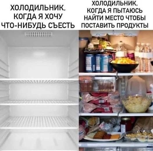 ХОЛОДИЛЬНИК, КОГДА Я ХОЧУ ЧТО-НИБУДЬ СЪЕСТЬ. ХОЛОДИЛЬНИК, КОГДА Я ПЫТАЮСЬ НАЙТИ МЕСТО ЧТОБЫ ПОСТАВИТЬ ПРОДУКТЫ