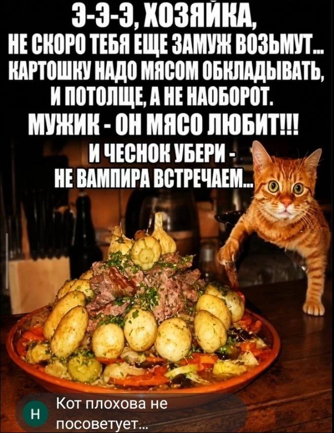 Э-э-э, хозяйка, не скоро тебя еще замуж возьмут... Картошку надо мясом обкладывать, и потолще, а не наоборот. Мужик - он мясо любит!!! И чеснок убери - не вампира встречаем... Кот плохого не посоветует...