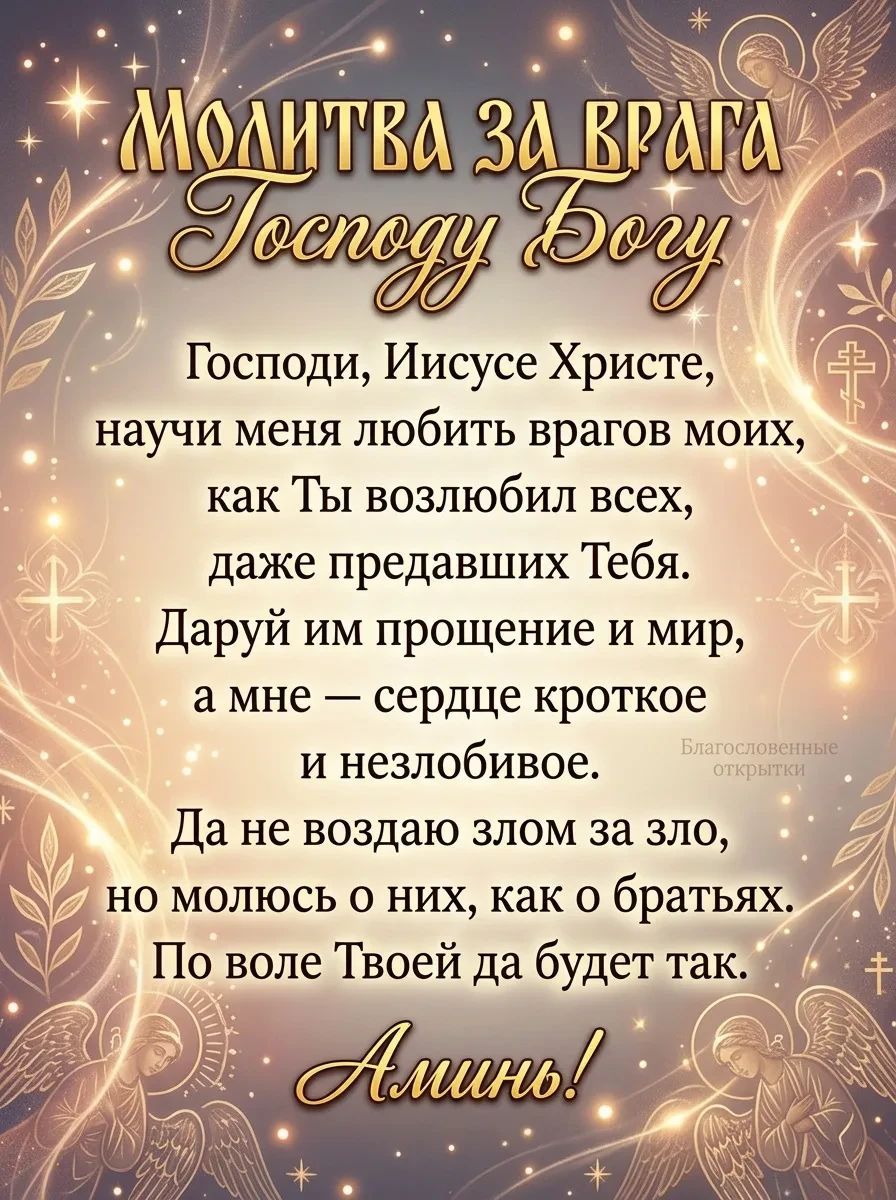МОЛИТВА ЗА ВРАГА Господу Богу Господи, Иисусе Христе, научи меня любить врагов моих, как Ты возлюбил всех, даже предавших Тебя. Даруй им прощение и мир, а мне — сердце кроткое и незлобивое. Да не воздаю злом за зло, но молюсь о них, как о братьях. По воле Твоей да будет так. Аминь!