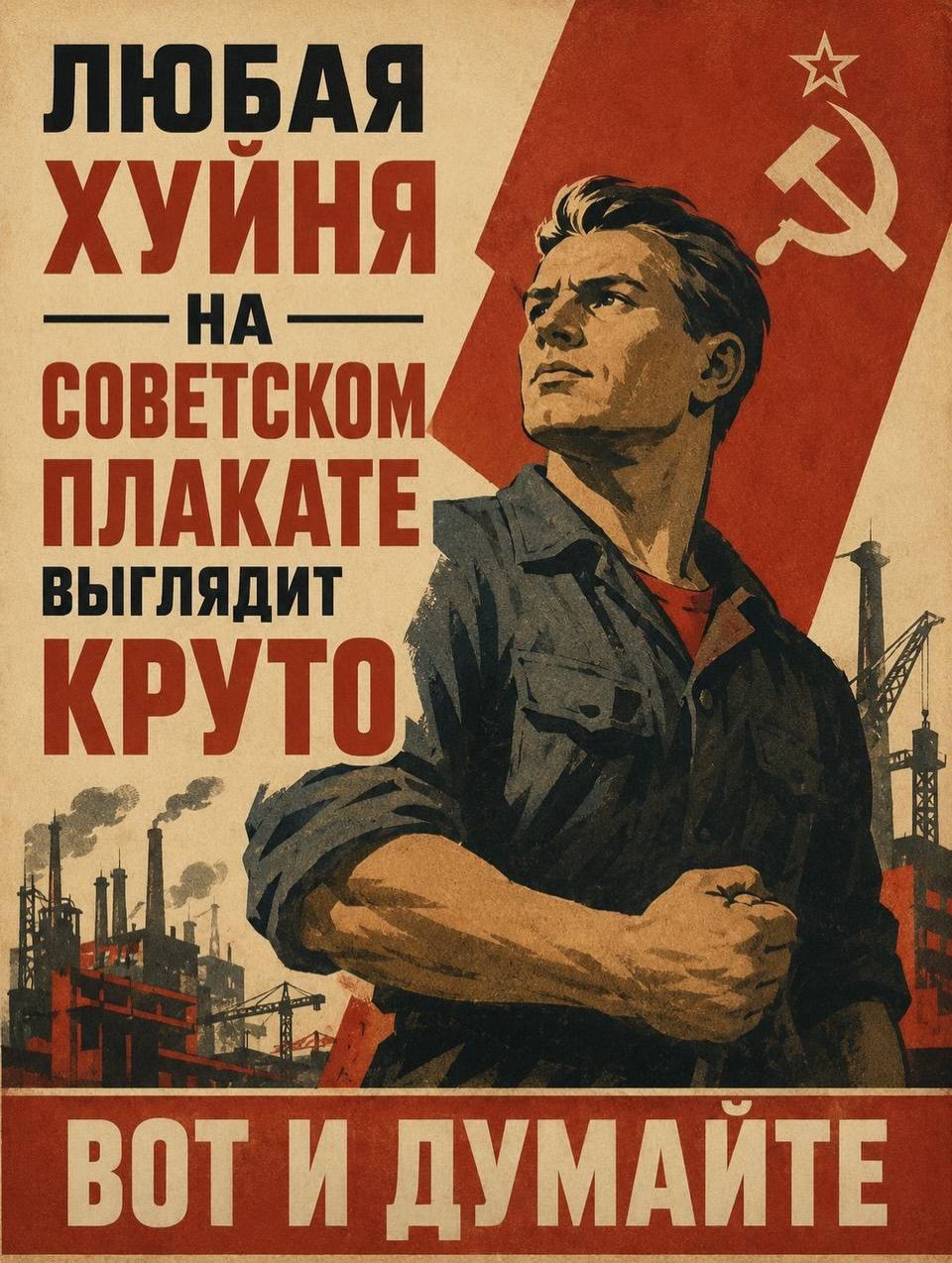 ЛЮБАЯ ХУЙНЯ НА СОВЕТСКОМ ПЛАКАТЕ ВЫГЛЯДИТ КРУТО. ВОТ И ДУМАЙТЕ.