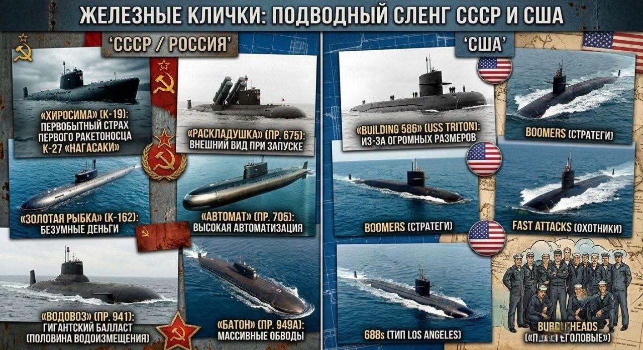 ЖЕЛЕЗНЫЕ КЛИЧКИ: ПОДВОДНЫЙ СЛЕНГ СССР И США. СССР / РОССИЯ: «ХИРОСИМА» (К-19), «РАСКЛАДУШКА» (ПР. 675), «ЗОЛОТАЯ РЫБКА» (К-162), «АВТОМАТ» (ПР. 705), «ВОДОВОЗ» (ПР. 941), «БАТОН» (ПР. 949А). США: «BUILDING 586» (USS TRITON), BOOMERS (СТРАТЕГИ), FAST ATTACKS (ОХОТНИКИ), BUBBLEHEADS («ПУЗЫРЕГОЛОВЫЕ»)