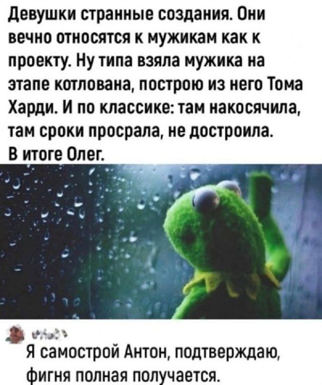 Девушки странные создания. Они вечно относятся к мужикам как к проекту. Ну типа взяла мужика на этапе котлована, построю из него Тома Харди. И по классике: там накосячила, там сроки просрала, не достроила. В итоге Олег. Я самострой Антон, подтверждаю, фигня полная получается.