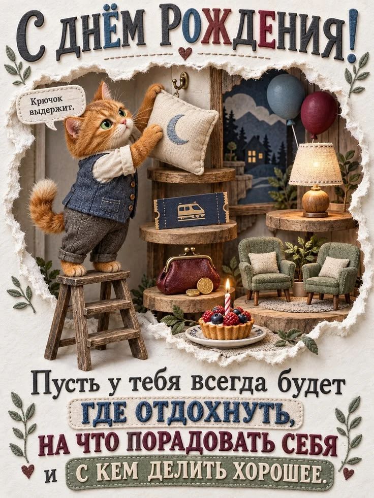 С днём рождения! Крючок выдержит. Пусть у тебя всегда будет где отдохнуть, на что порадовать себя и с кем делить хорошее.