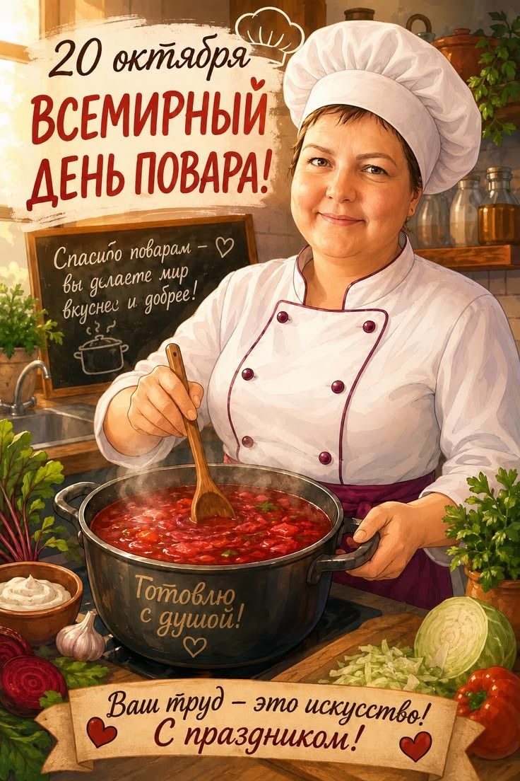 20 октября Всемирный день повара! Спасибо поварам - вы делаете мир вкуснее и добрее! Готовлю с душой! Ваш труд - это искусство! С праздником!
