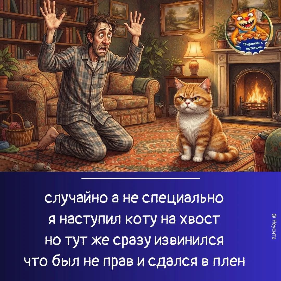случайно а не специально я наступил коту на хвост но тут же сразу извинился что был не прав и сдался в плен