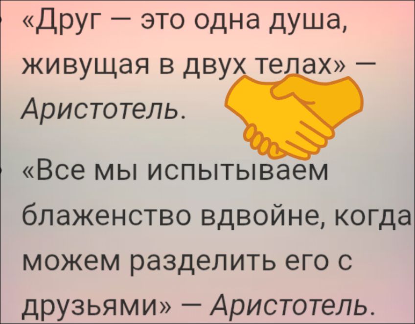 «Друг — это одна душа, живущая в двух телах» — Аристотель. «Все мы испытываем блаженство вдвойне, когда можем разделить его с друзьями» — Аристотель.