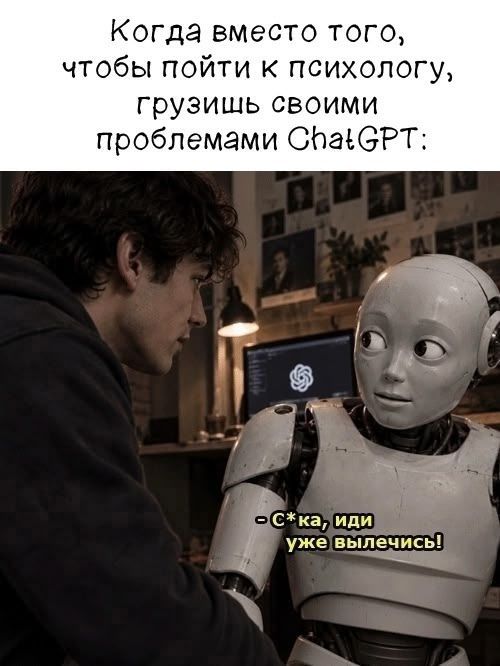 Когда вместо того, чтобы пойти к психологу, грузишь своими проблемами ChatGPT: - С*ка, иди уже вылечись!
