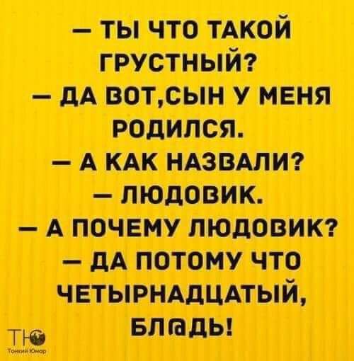 — Ты что такой грустный? — Да вот, сын у меня родился. — А как назвали? — Людовик. — А почему Людовик? — Да потому что четырнадцатый, блядь!
