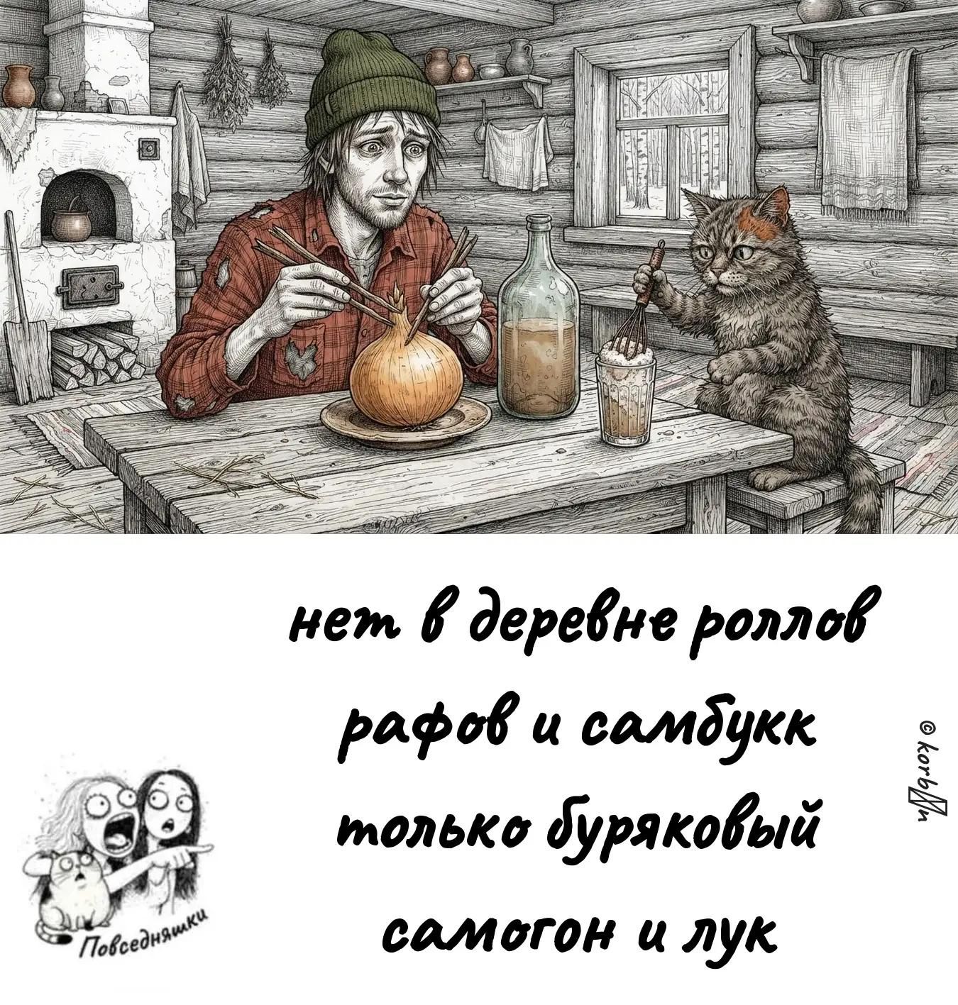 нет в деревне роллов рафов и самбук только буряковый самогон и лук