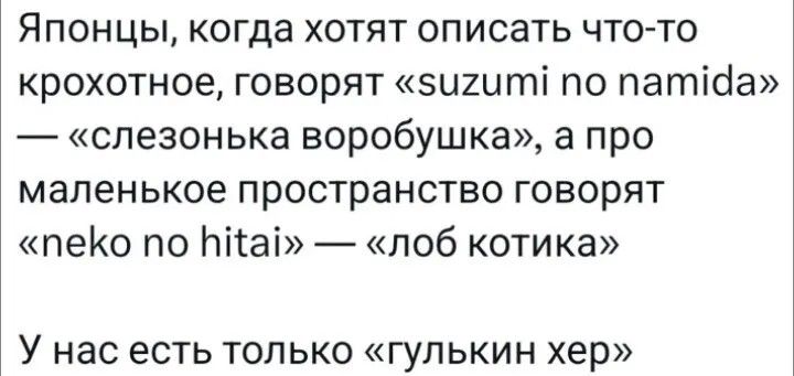 Японцы, когда хотят описать что-то крохотное, говорят «suzumi no namida» — «слезонька воробушка», а про маленькое пространство говорят «neko no hitai» — «лоб котика» У нас есть только «гулькин хер»