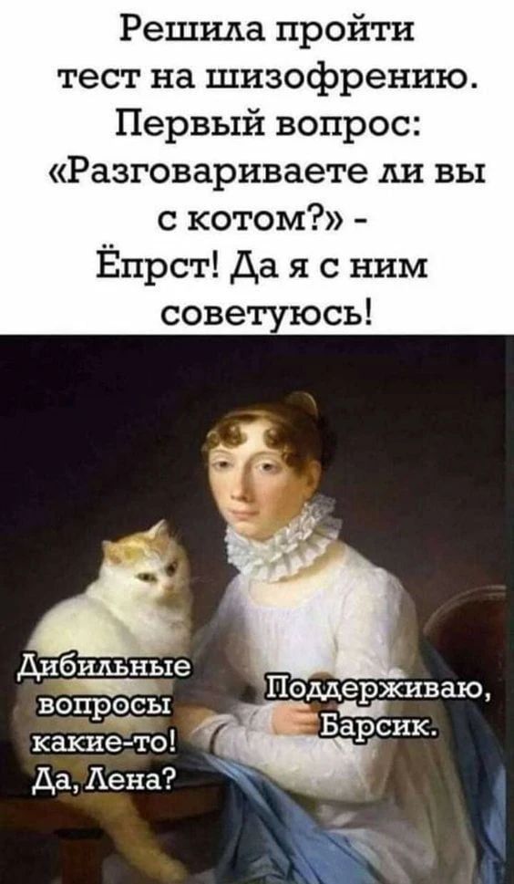 Решила пройти тест на шизофрению. Первый вопрос: «Разговариваете ли вы с котом?» - Ёпрст! Да я с ним советуюсь! Дибильные вопросы какие-то! Да, Лена? Поддерживаю, Барсик.