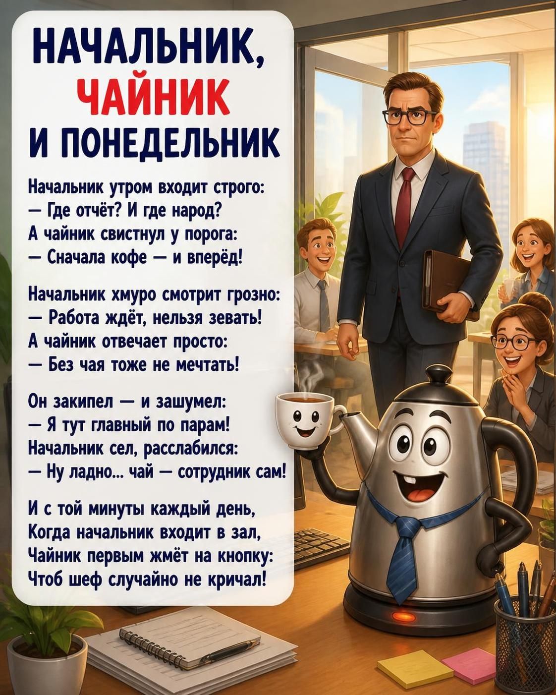 НАЧАЛЬНИК, ЧАЙНИК И ПОНЕДЕЛЬНИК. Начальник утром входит строго: — Где отчёт? И где народ? А чайник свистнул у порога: — Сначала кофе — и вперёд! Начальник хмуро смотрит грозно: — Работа ждёт, нельзя зевать! А чайник отвечает просто: — Без чая тоже не мечтать! Он закипел — и зашумел: — Я тут главный по парам! Начальник сел, расслабился: — Ну