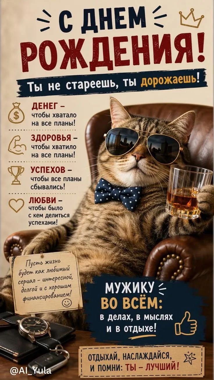 С ДНЕМ РОЖДЕНИЯ! Ты не стареешь, ты дорожаешь! ДЕНЕГ - чтобы хватало на все планы! ЗДОРОВЬЯ - чтобы хватило на все планы! УСПЕХОВ - чтобы все планы сбывались! ЛЮБВИ - чтобы было с кем делиться успехами! Пусть жизнь будет как любимый сериал - интересной, долгой и с хорошим финансированием! МУЖИКУ ВО ВСЁМ: в делах, в мыслях и в отдыхе! ОТДЫХАЙ,
