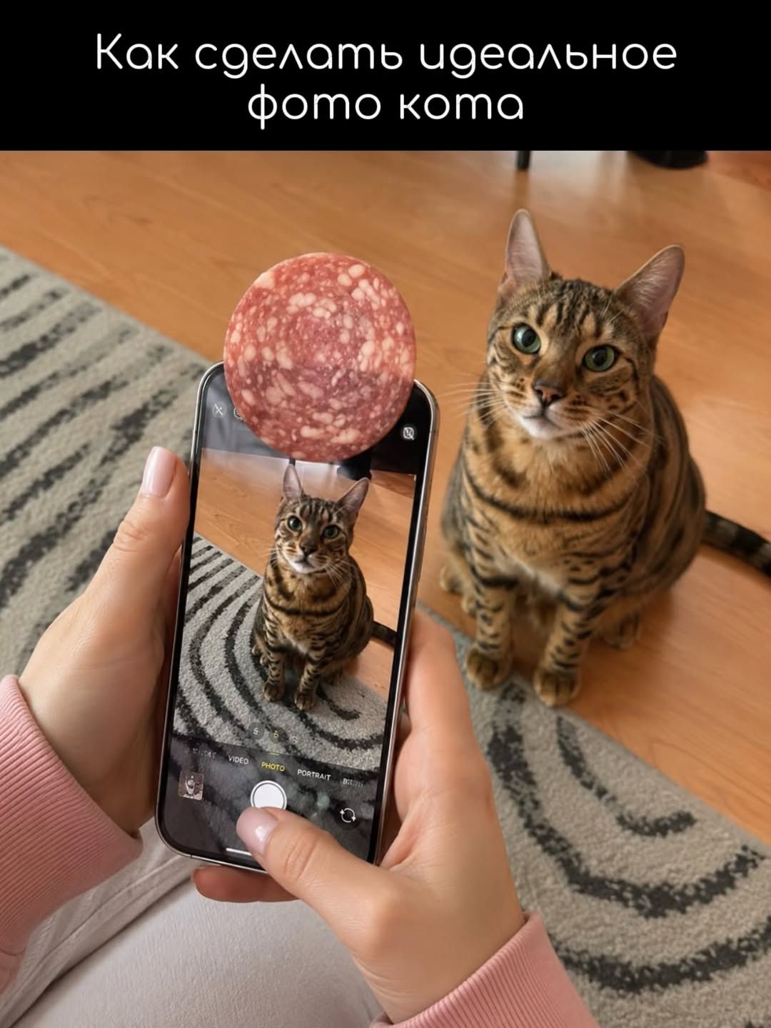 Как сделать идеальное фото кота. Человек держит телефон, фотографируя кота. Над телефоном висит кусок колбасы, чтобы привлечь внимание кота.