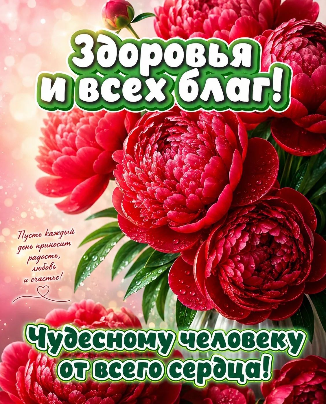 Здоровья и всех благ! Пусть каждый день приносит радость, любовь и счастье! Чудесному человеку от всего сердца!