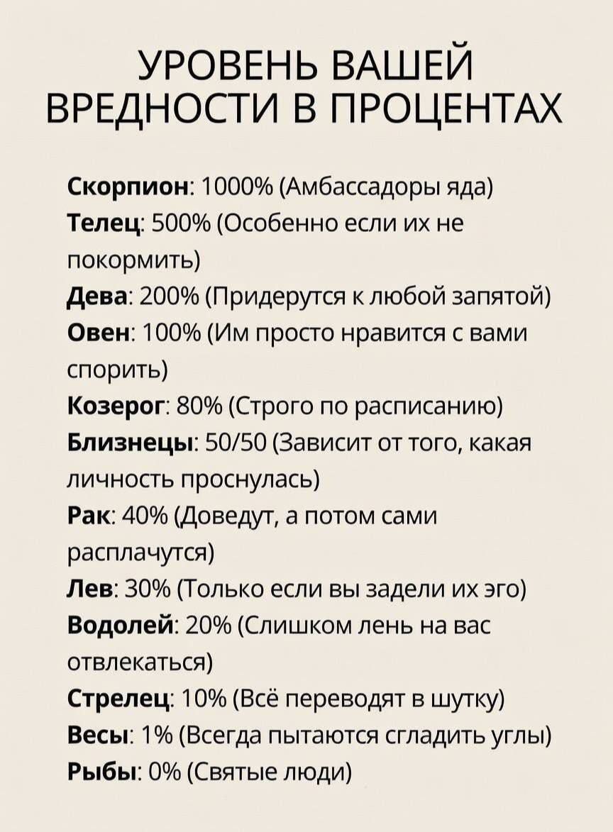 УРОВЕНЬ ВАШЕЙ ВРЕДНОСТИ В ПРОЦЕНТАХ Скорпион: 1000% (Амбассадоры яда) Телец: 500% (Особенно если их не покормить) Дева: 200% (Придерутся к любой запятой) Овен: 100% (Им просто нравится с вами спорить) Козерог: 80% (Строго по расписанию) Близнецы: 50/50 (Зависит от того, какая личность проснулась) Рак: 40% (Доведут, а потом сами расплачутся) Лев: