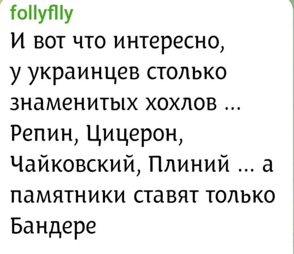 И вот что интересно, у украинцев столько знаменитых хохлов ... Репин, Цицерон, Чайковский, Плиний ... а памятники ставят только Бандере
