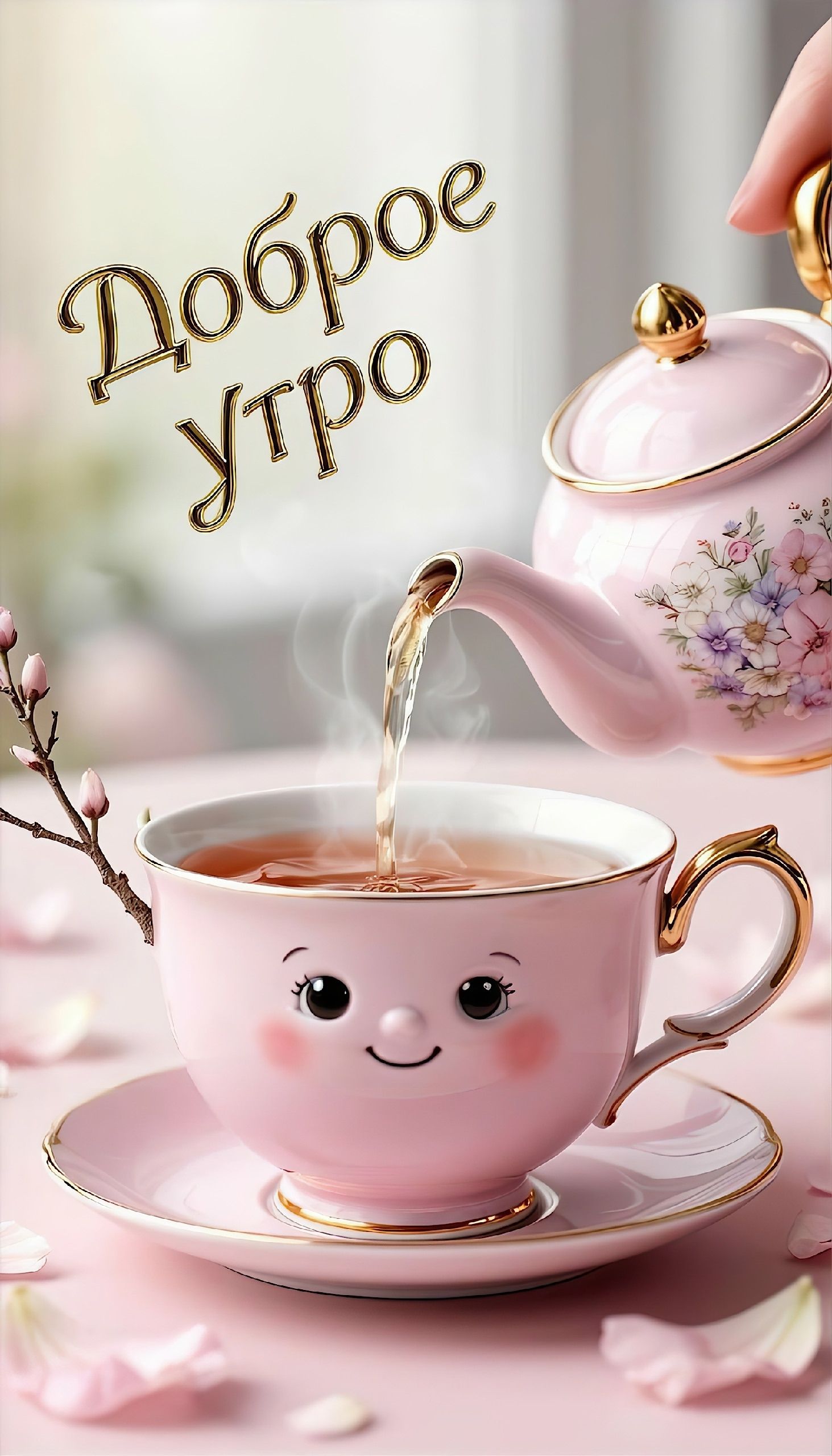 Доброе утро. Чайник наливает чай в розовую чашку с милым лицом. Рядом веточка сакуры и лепестки цветов.