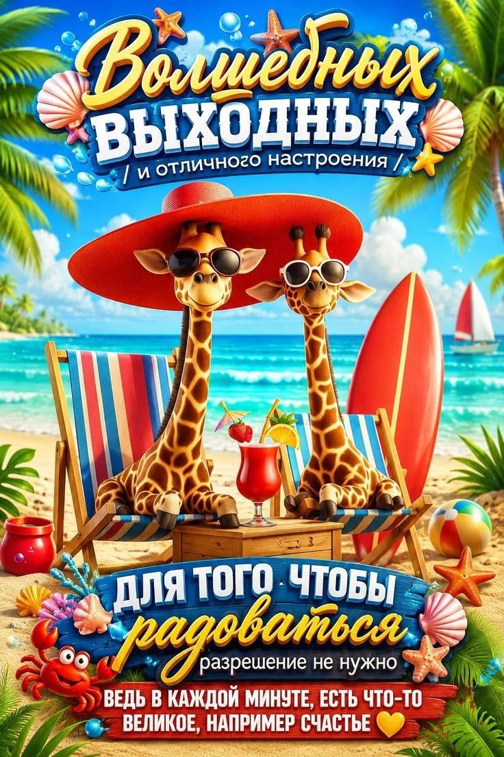 Волшебных выходных и отличного настроения! Для того чтобы радоваться разрешение не нужно, ведь в каждой минуте есть что-то великое, например счастье.