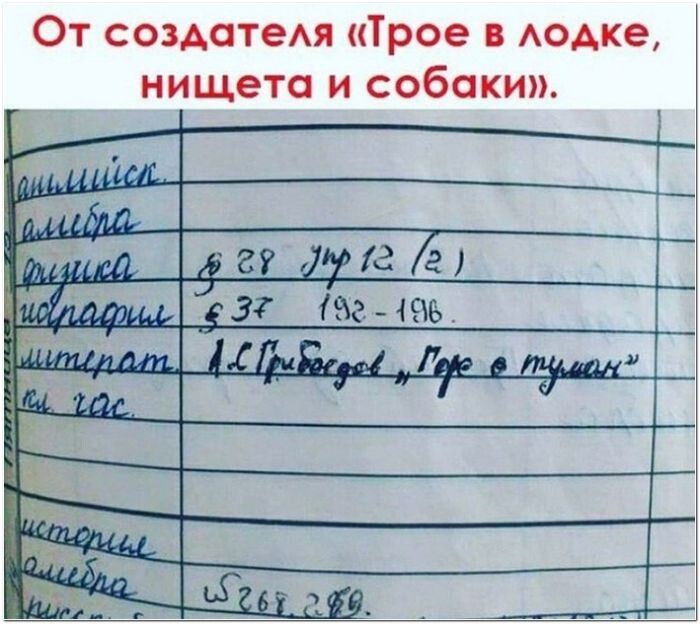 От создателя «Трое в лодке, нищета и собаки». английск. алгебра физика § 28 упр 12 (2) инфарм. § 37 192-196. литерат. А.С. Грибоедов, 