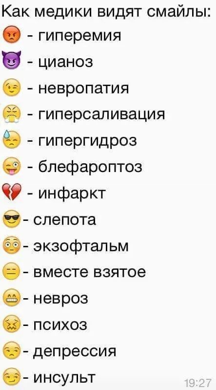 Как медики видят смайлы: 😡 - гиперемия 😈 - цианоз 😉 - невропатия 🤤 - гиперсаливация 😓 - гипергидроз 😜 - блефароптоз 💔 - инфаркт 😎 - слепота 😳 - экзофтальм 😑 - вместе взятое 😬 - невроз 😖 - психоз 🥱 - депрессия 😏 - инсульт