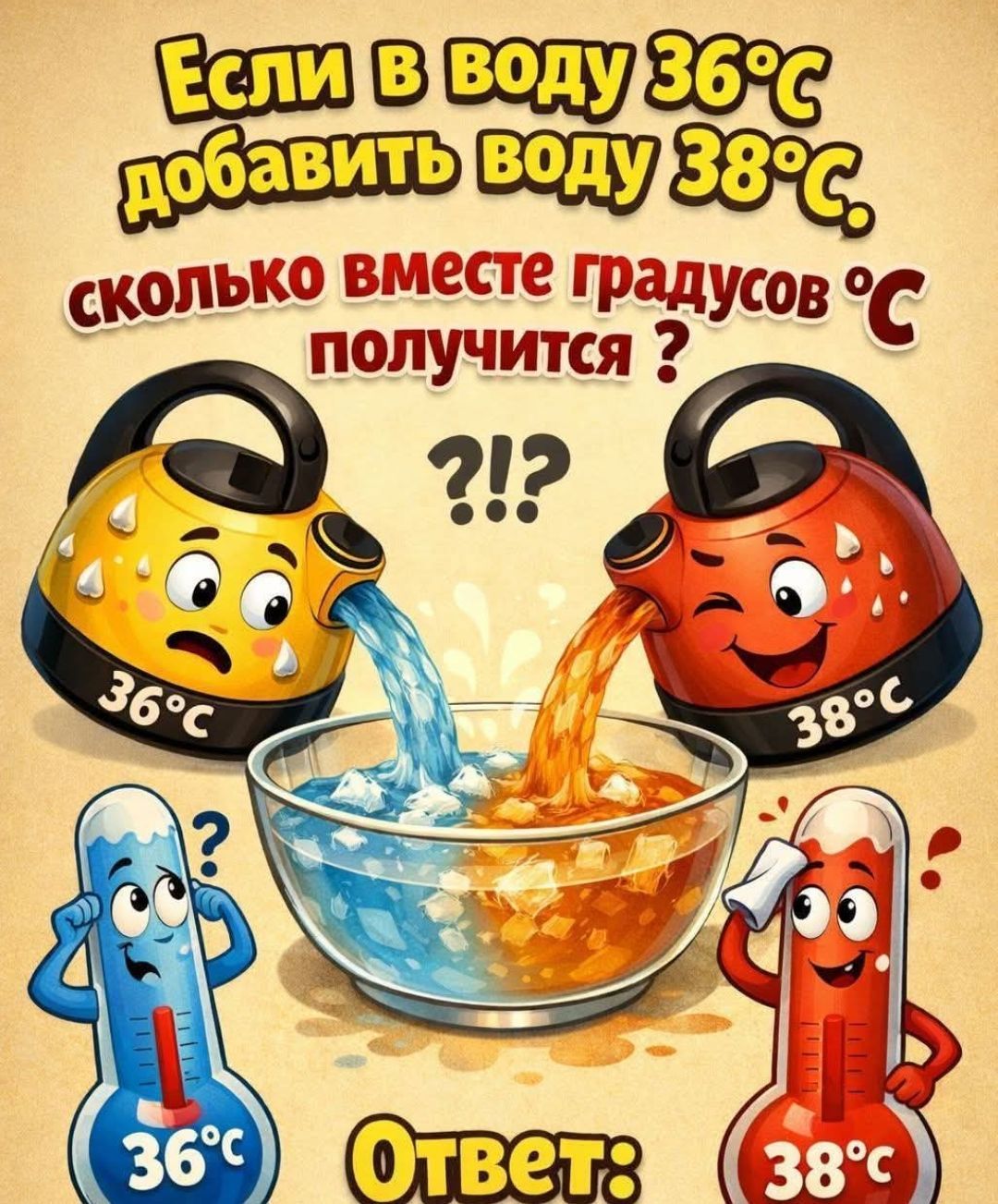 Если в воду 36°С добавить воду 38°С, сколько вместе градусов °С получится ? !?! Ответ: 38°С
