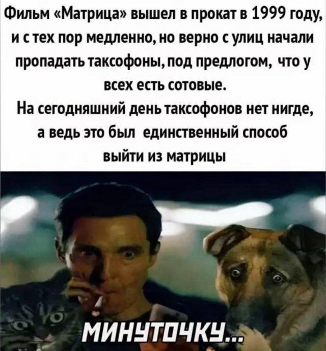 Фильм «Матрица» вышел в прокат в 1999 году, и с тех пор медленно, но верно с улиц начали пропадать таксофоны, под предлогом, что у всех есть сотовые. На сегодняшний день таксофонов нет нигде, а ведь это был единственный способ выйти из матрицы. МИНУТОЧКУ...